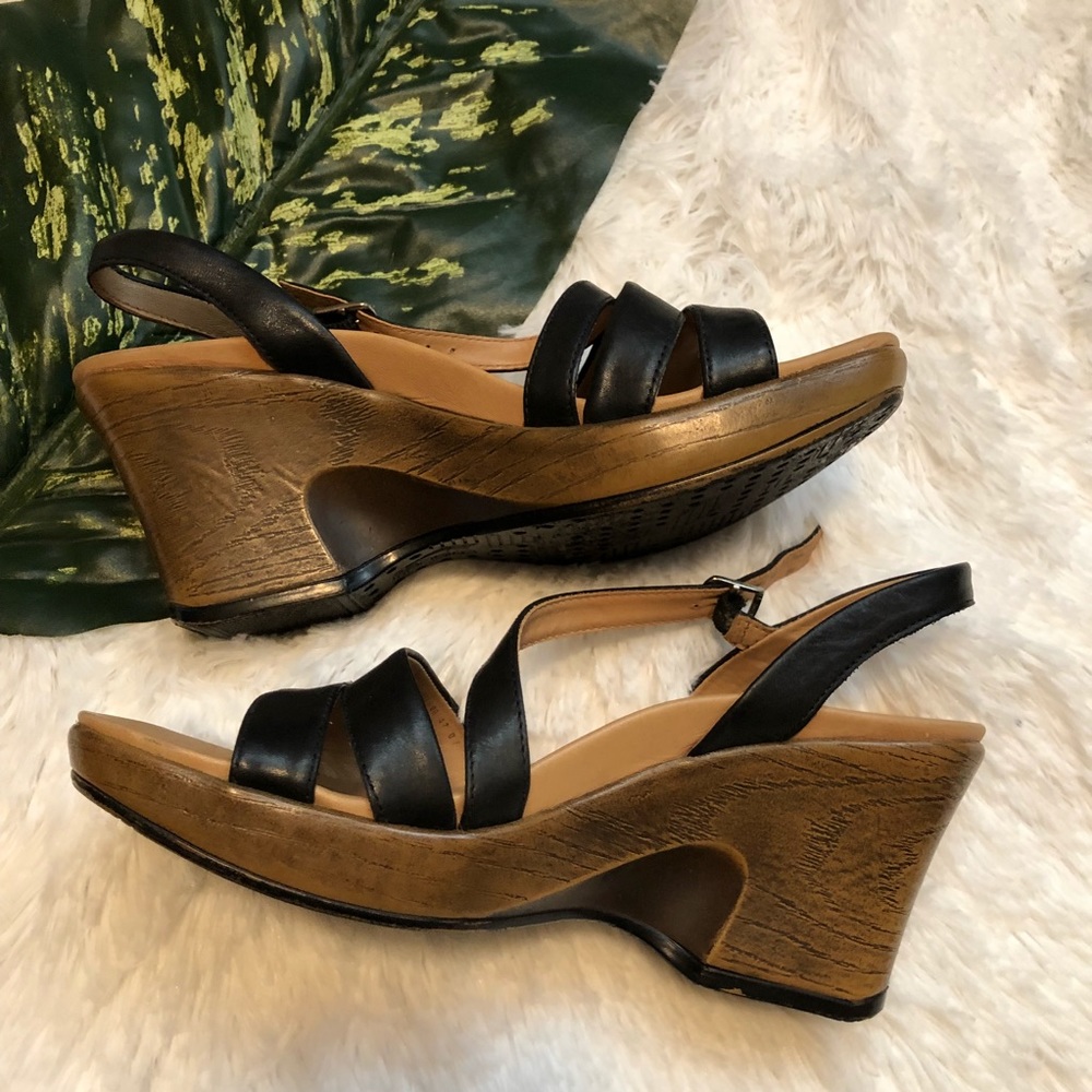 Dansko Wedge Sandals Sz 6 Open Toe Brown Black